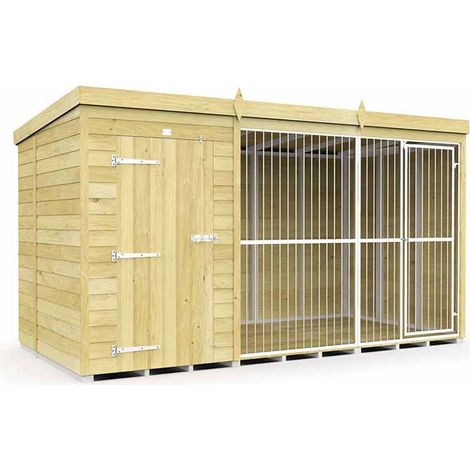 12ft X 6ft Dog Kennel and Run Full Height with Bars - Wood - L178 x W358 x H201 cm