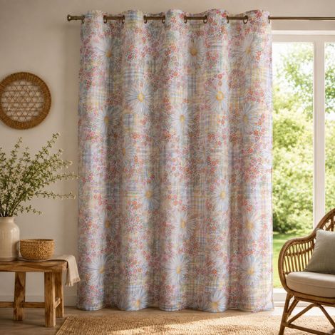 Rideau à œillets en coton léger imprimé fleurs marguerites – 140 x 240 - 140x240cm - Rose clair