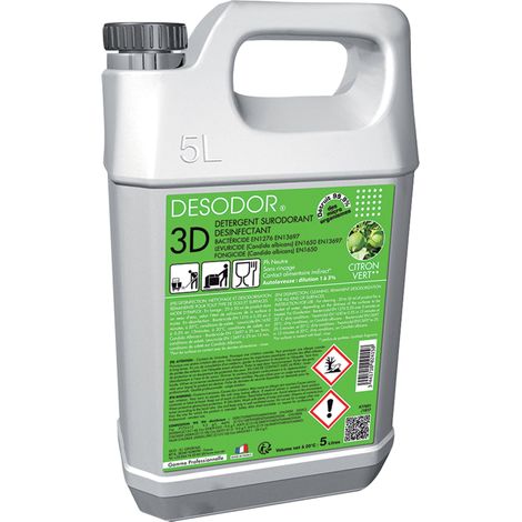 Detergent Nettoyant Desodorisant 3-en-1 Sol & Surfaces - Bactericide Virucide EN14476 - Citron Vert - 5L - Usage Collectivites (1/2)