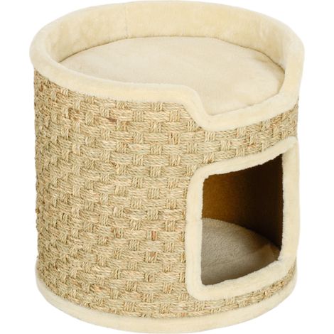 Albero Tiragraffi per Gatti Fino a 5 kg Alto 37 cm a 2 Livelli con Nicchia e Corda in Sisal Cachi (1/5)