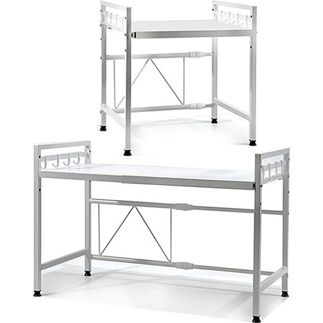 TrAdE Shop Traesio - Mensola Allungaile Da 40-65cm Salvaspazio Con 8 Ganci Per Appendere Utensili Arredo Casa - Bianco