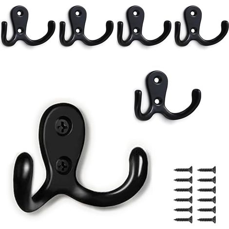 Lot de 6 crochets doubles en métal avec vis pour suspendre vêtements, chapeaux, serviettes, clés, ustensiles de cuisine, pour salon, chambre à coucher, salle de bain, cuisine (noir) (1/5)