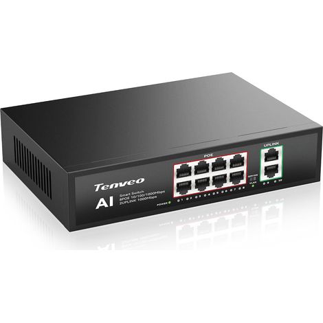 Switch PoE 8 Ports Full Gigabit, 8 Ports PoE+ @120W, 2 Ports Uplink, Plug & Play, Support VLAN, Alimentation 802.3af/at 120W, Switch Réseau Intelligent AI pour Streaming en Direct (1/5)