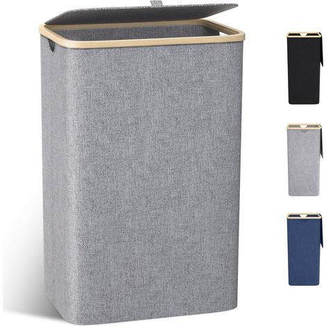 Panier à Linge avec Couvercle,100L Grand Corbeille à Linge avec Poignées en Bambou, Bac a Linge Laundry Basket Pliable XXL Pliable avec Sac Amovibles en Tissu Oxford,Gris (1/5)