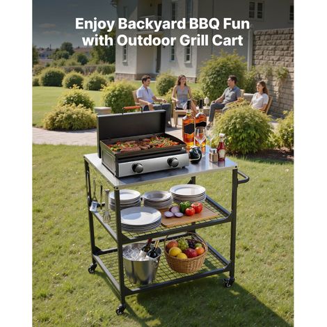 Chariot grillades extérieur, plan de travail inox 800x610mm, table cuisson avec 4 roulettes et poignée, 2 étagères grillagées, meuble préparation BBQ terrasse jardin (1/5)