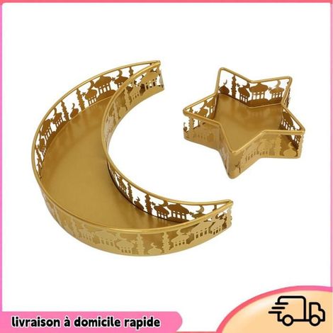 2 plateaux décoratifs étoile et lune, en fer métallique finement découpé, plateau de service polyvalent pour pâtisseries et présentation festive (1/4)