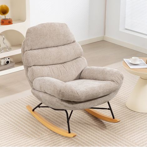 Sillón mecedora tapizado con patas de acero y patines de madera, blanco crema HAVRYA (1/3)