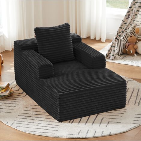 Chaiselongue sofá negro de pana acanalada con espuma de alta densidad y muelles ensacados, sin montaje (1/5)