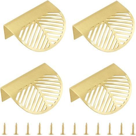 Ensemble de 4 poignées de meuble en laiton massif, poignées en forme de feuille d'or, boutons de tiroir pour portes, tiroirs de cuisine, commodes, armoires (1/3)