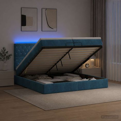 vidaXL Lit coffre avec matelas et LED Bleu foncé 200 x 200 cm Velours (1/5)
