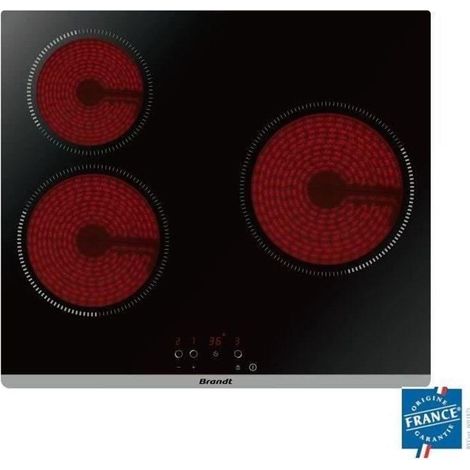 Brandt – Plaque vitrocéramique 3 foyers Quicklight – 1 zone Ø 23 cm – 2,3 kW – 9 niveaux de puissance – 3 minuteries 99 min – Commandes sensitives