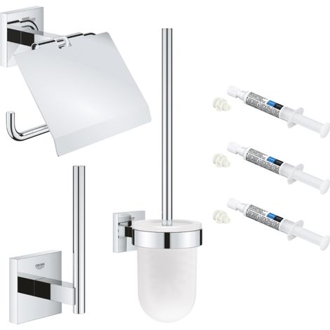 Pack accesorios de baño GROHE Start Cube con portaescobillas + portarrollos + dispensador de papel con tapa + 3 colas GROHE QuickGlue