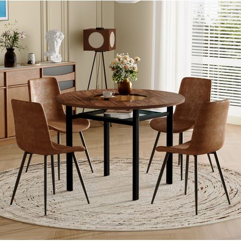 Mesa redonda de MDF efecto madera marrón con 4 sillas de tela, estilo moderno con estante de cristal (1/5)