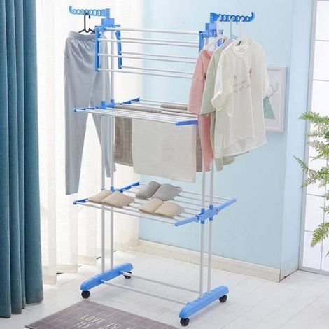 HSTURYZ Séchoir Pliable d'Interieur, Etendoir à 3 Niveaux, Avec Porte-chaussures, Dimensions: (75-126)64170cm, Bleu et Blanc (1/3)