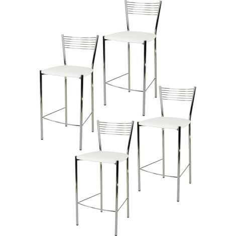 Tommychairs - Set 4 sgabelli alti modello Elegance per cucina e bar, struttura in acciaio cromato e seduta imbottita e rivestita in pelle artificiale colore bianco (1/4)