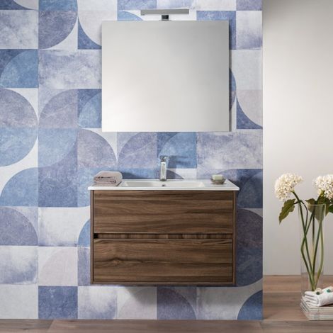 Mobile Bagno Noce 100 Cm Sospeso 2 Cassetti Lavabo e Specchio (1/5)