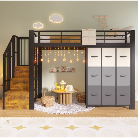 Hochbett 90x200 cm Schwarz aus MDF und Metall mit Schubladen, Kleiderstange und Stauraumtreppe (1/5)