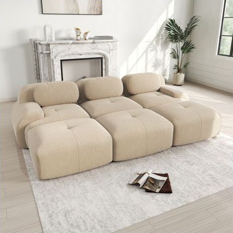 Canapé Modulable 298x178x75cm Beige Velours Côtelé Sans Montage - Canapé Composable - 3 Places 3 Poufs Mousse 32D Ergonomique (1/5)
