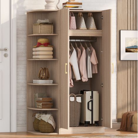 2-türiger Kleiderschrank 90 x 55 x 170 cm mit Regalen und Kleiderstange, Naturholz (1/5)