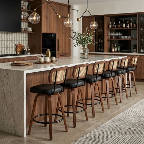 Lot de 6 Tabourets de Bar Pivotants en Rotin - Assise Rembourrée et Finition Noyer - Look Scandinave pour Îlot - Noir