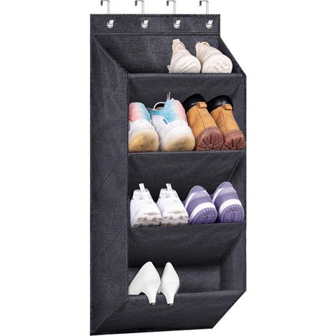 Étagère à chaussures à suspendre pour porte de camping robuste sur porte - Organiseur de chaussures pour placard étroit - Fixation murale (4 étagères, noir) (1/5)