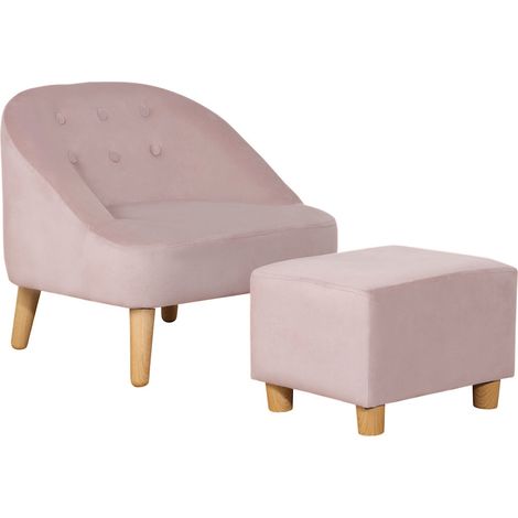 Kindersessel Mit Fußhocker Gemütliches Sofa Für Kinder Ab 3 Jahren, Samtoptik, Eukalyptusholz, Rosa, 51X51X50Cm