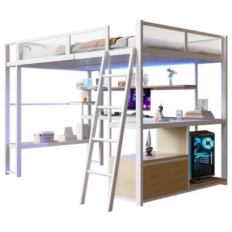 Lit mezzanine gaming métal 140 x 200 cm avec éclairage led, bureau intégré et nombreux rangements, design fonctionnel gain de place, blanc (1/5)