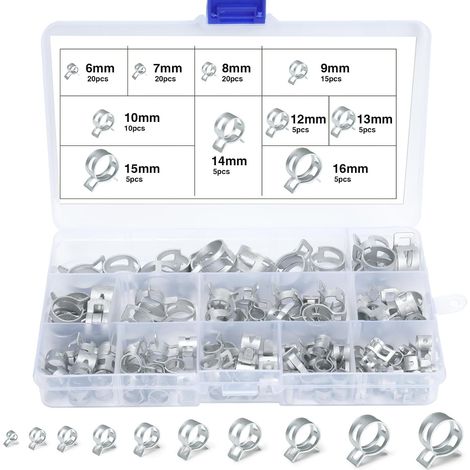 110 Pièces Clip à Ressort, 6-16mm Colliers De Serrage à Ressort 10 Tailles Collier Durite Essence pour Tuyau D'essence, Air et Eau (1/5)