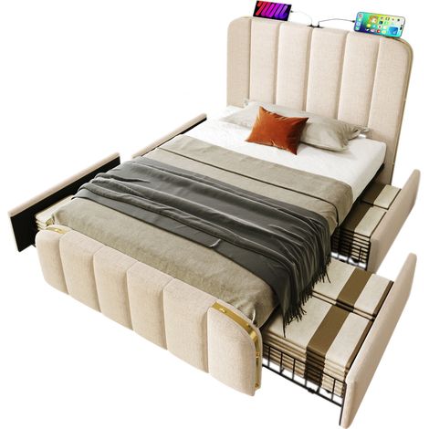 Lit simple 90x200 avec 4 tiroirs, tête de lit rembourrée avec USB et Type-C, tissu beige, cadre en métal et lattes en bois, sans matelas – CHICFURN (1/5)