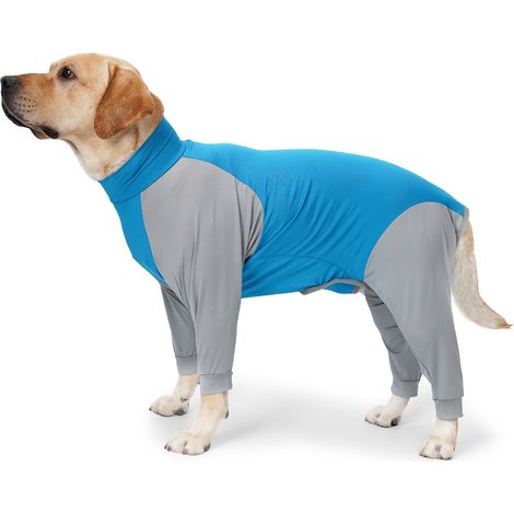 Vêtements de détente pour chien été élégant décontracté 4 pattes respirant entièrement enveloppé empêche la perte de cheveux pyjama combinaison pour la maison bleu gris couleur assortie XL (1/5)