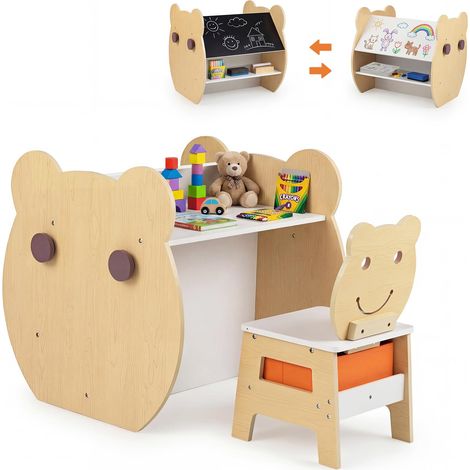 COSTWAY 3 en 1 Table Enfant avec Chaise, Bureau Enfant avec Tableau Blanc & Tableau Noir Réversible, 4 Crochets, Tiroir en Tissu Amovible, Charge 50/50 kg pour Garçons Filles de 3-10 Ans (Naturel)