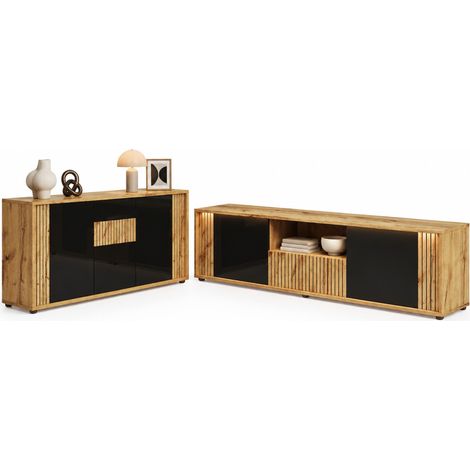 Set mobile TV 180x40x51 cm + credenza 140x35x71 cm in MDF nero con contenitore (1/5)