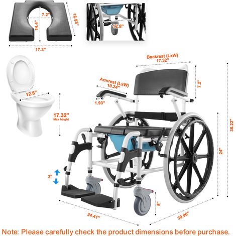 Fauteuil roulant de douche, 440 mm, fauteuil roulant de salle de bain en alliage d'aluminium, capacité de charge 136 kg, chaise de… (1/5)