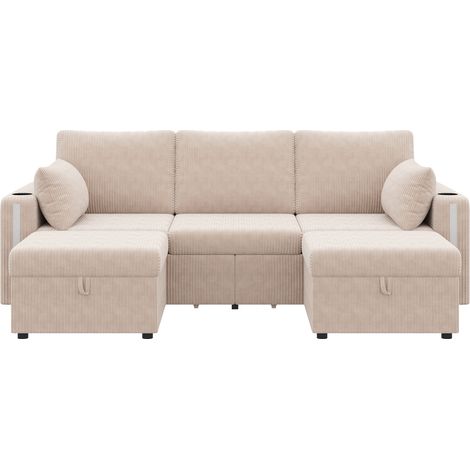 Sofá modular en U/L de pana beige con 2 pufs con almacenaje, LED, USB y Type-C, portavasos y cajones (1/5)
