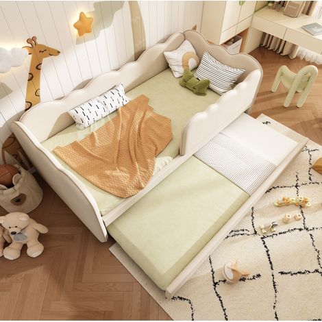 Lit gigogne 90x190 cm avec lit d'appoint beige en lin HAVRYA (1/5)