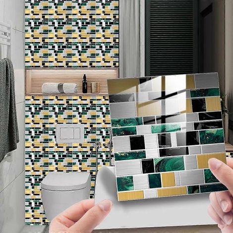 (F)25 Pièces d'autocollants muraux mosaïque auto-adhésifs pour la décoration de carreaux de céramique et de marbre, autocollant imperméable Hiser à impression brique pour salle de bain et cuisine ( (1/5)