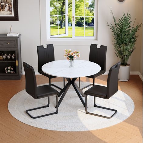 Set tavolo da pranzo rotondo con 2 sedie, piano effetto marmo bianco, struttura in metallo, MDF nero e bianco (1/5)