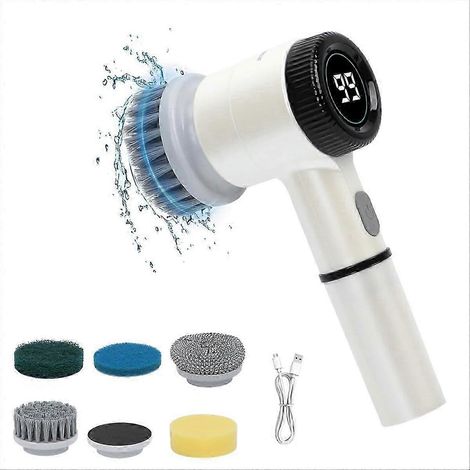 Brosse de nettoyage électrique rotative pour salle de bain, brosse de nettoyage sans fil avec 5 têtes de brosse, adaptée aux salles de bain, cuisines et autres pièces. (1/5)