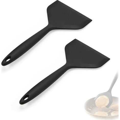 Lot de 2 Spatules en Silicone Antiadhésives, Spatule Tamagoyaki Large (25×12cm) Résistante à la Chaleur (-40℃ à 230℃) Sans BPA pour Cuisson de Poisson et Crêpes (Noir) (1/5)