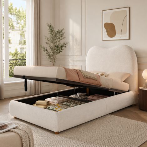 Letto imbottito, letto singolo, letto per bambini 90 x 200 cm, letto funzionale idraulico, letto con rete a doghe, testiera e ampio vano contenitore, testiera imbottita, bouclé, beige (1/5)