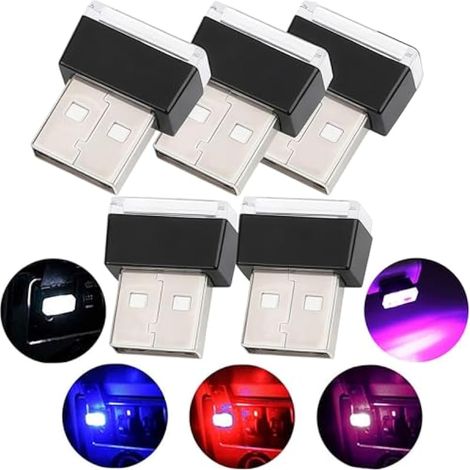 Lumières intérieure de Voiture USB, 5 pièces Universel Mini LED lumières, Lumières D'ambiance LED de Voiture(5 Couleurs, Rouge/Bleu/Rose/Blanc/Bleu Glacier) (1/4)