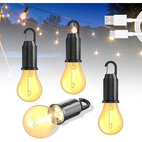 4er-Set wiederaufladbarer LED-Lampen – Tragbare, wasserdichte Laterne mit Karabinerhaken – Einstellbare Helligkeit, 3 Leuchtmodi – Ideal für Abenteuer, Angeln und Garage (1/5)