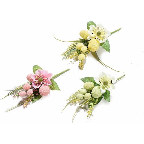 Petits bouquets d'anémones colorées en tissu et petits œufs artificiels, lot de 18, H. 13 cm (avec tige 18,5)