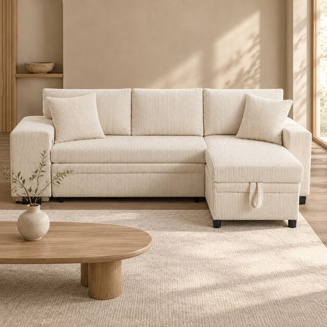 Canapé-lit d'angle convertible 3-4 places en velours côtelé beige, avec rangement dissimulé, ports USB et USB-C, coussins inclus, idéal pour petits espaces CHICFURN