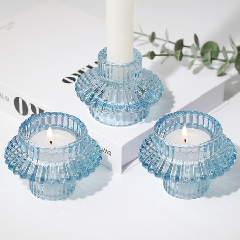 Lot de 3 bougeoirs en verre pour bougies coniques et bougies chauffe-plat, bleu (1/5)