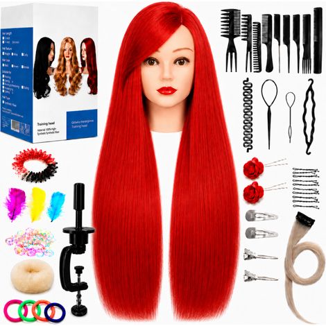 Cabeza de entrenamiento de peluquería femenina para peinar cabello sintético de 90 cm + set de cabello, relleno de moño, peine para recogidos. (1/5)
