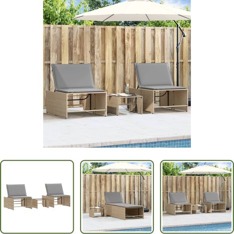 Sonnenliege -  Sonnenliegen 2 Stk. mit Tisch Beige Poly Rattan