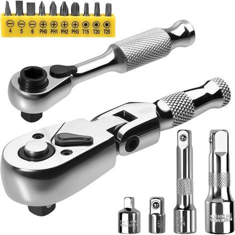 Jeu de clés à cliquet courtes 1/4 pouce avec cliquet réversible à 72 dents, douilles et embouts en acier au chrome-vanadium pour espaces restreints, adaptateur 1/4« à 3/8 » inclus (1/4)