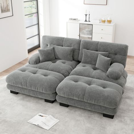 Canapé 2 places, avec 2 coussins lombaires et 2 oreillers, accoudoirs larges et 2 poufs, chenille, gris (1/5)
