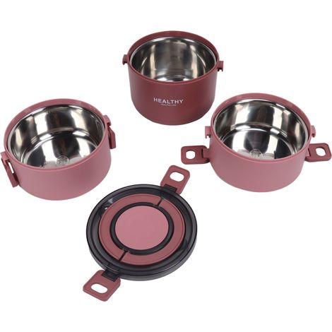 Isolierte Lunchbox mit 2200 ml Fassungsvermögen, drei herausnehmbaren Fächern, tragbar, aus Edelstahl 304, rot. (1/5)